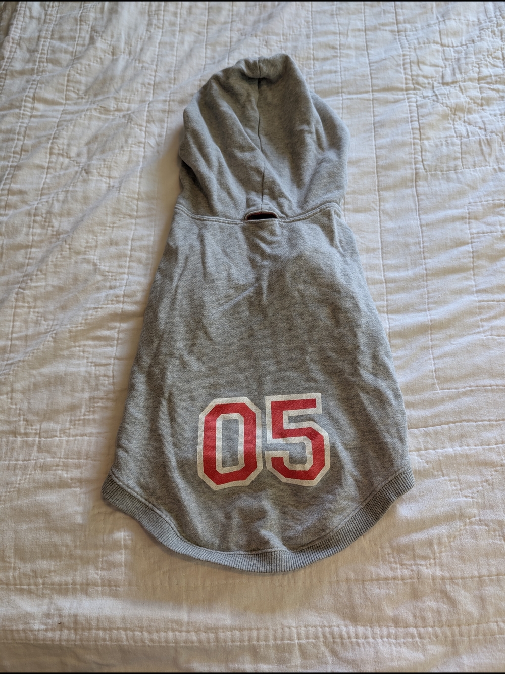 Gray Old Navy Hoodie Pet Sweatshirt with Red '05' Graphic